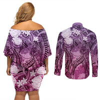 Pacific Beauty Girl Couples Matching Off Shoulder Short Dress and Long Sleeve Button Shirt Pink Polyneisan Tribal Vintage Motif