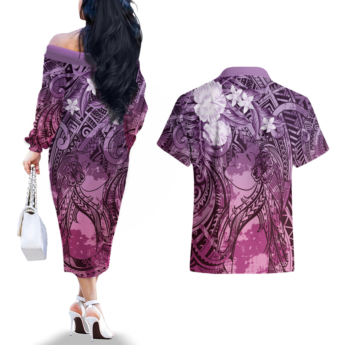Pacific Beauty Girl Couples Matching Off The Shoulder Long Sleeve Dress and Hawaiian Shirt Pink Polyneisan Tribal Vintage Motif
