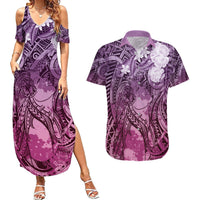 Pacific Beauty Girl Couples Matching Summer Maxi Dress and Hawaiian Shirt Pink Polyneisan Tribal Vintage Motif