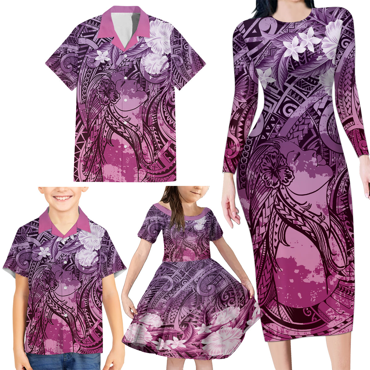 Pacific Beauty Girl Family Matching Long Sleeve Bodycon Dress and Hawaiian Shirt Pink Polyneisan Tribal Vintage Motif