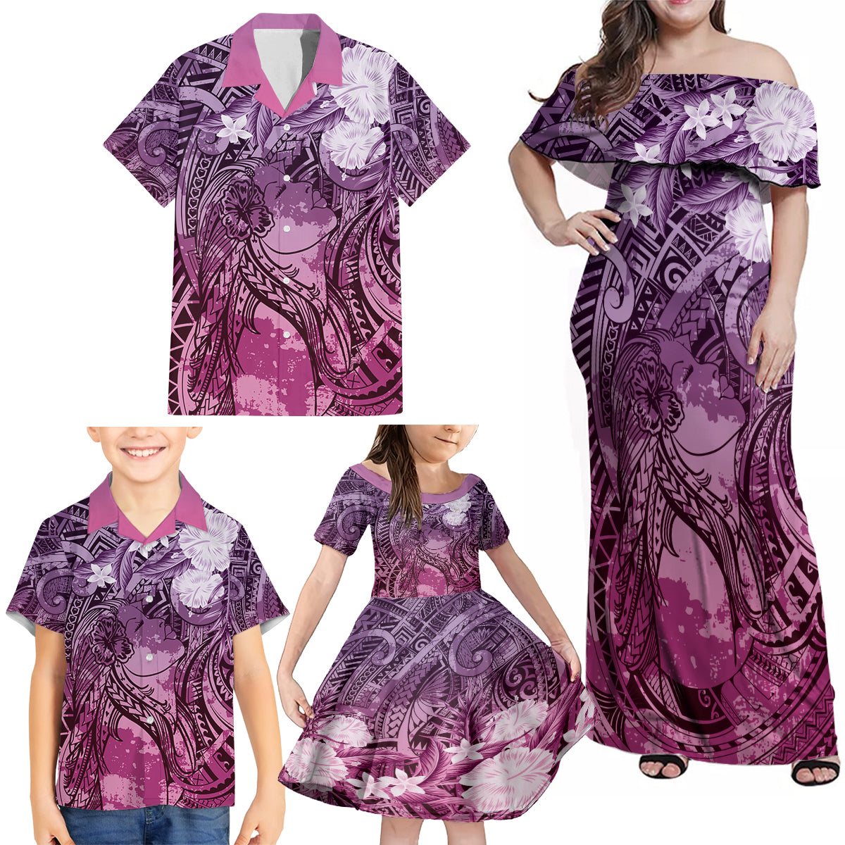 Pacific Beauty Girl Family Matching Off Shoulder Maxi Dress and Hawaiian Shirt Pink Polyneisan Tribal Vintage Motif