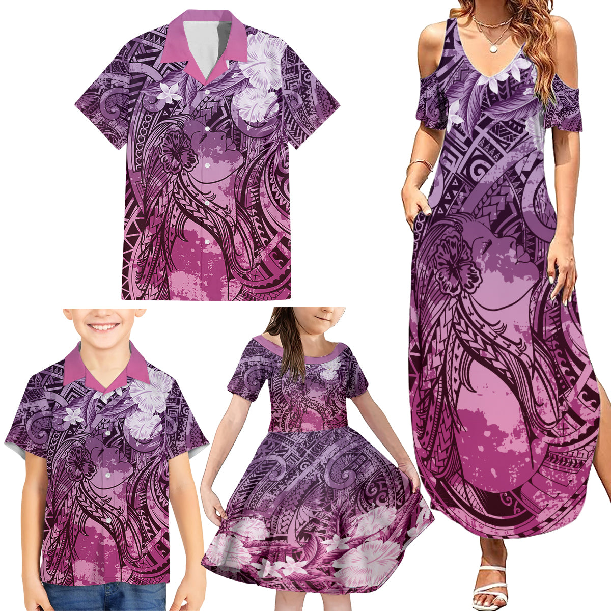 Pacific Beauty Girl Family Matching Summer Maxi Dress and Hawaiian Shirt Pink Polyneisan Tribal Vintage Motif