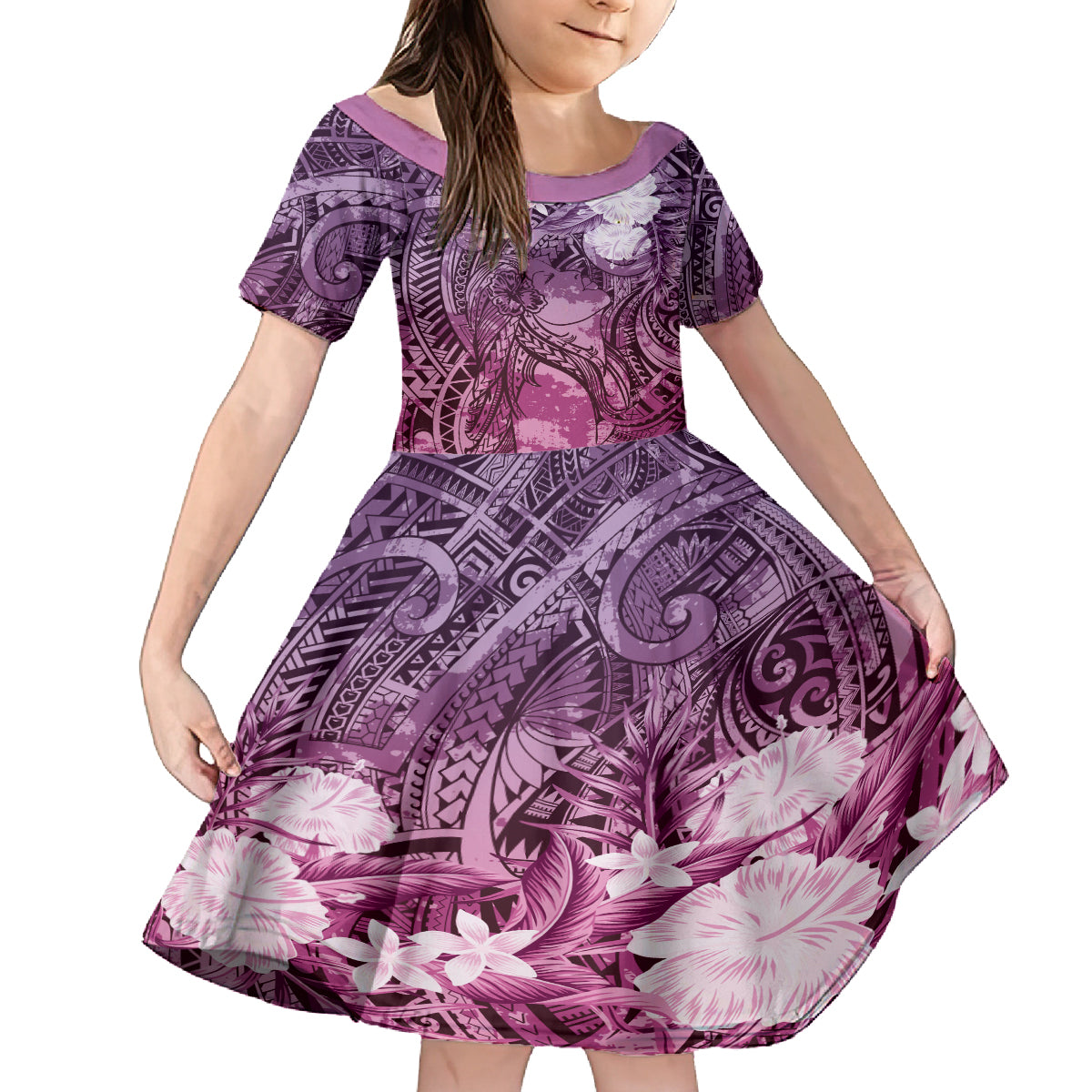 Pacific Beauty Girl Family Matching Tank Maxi Dress and Hawaiian Shirt Pink Polyneisan Tribal Vintage Motif