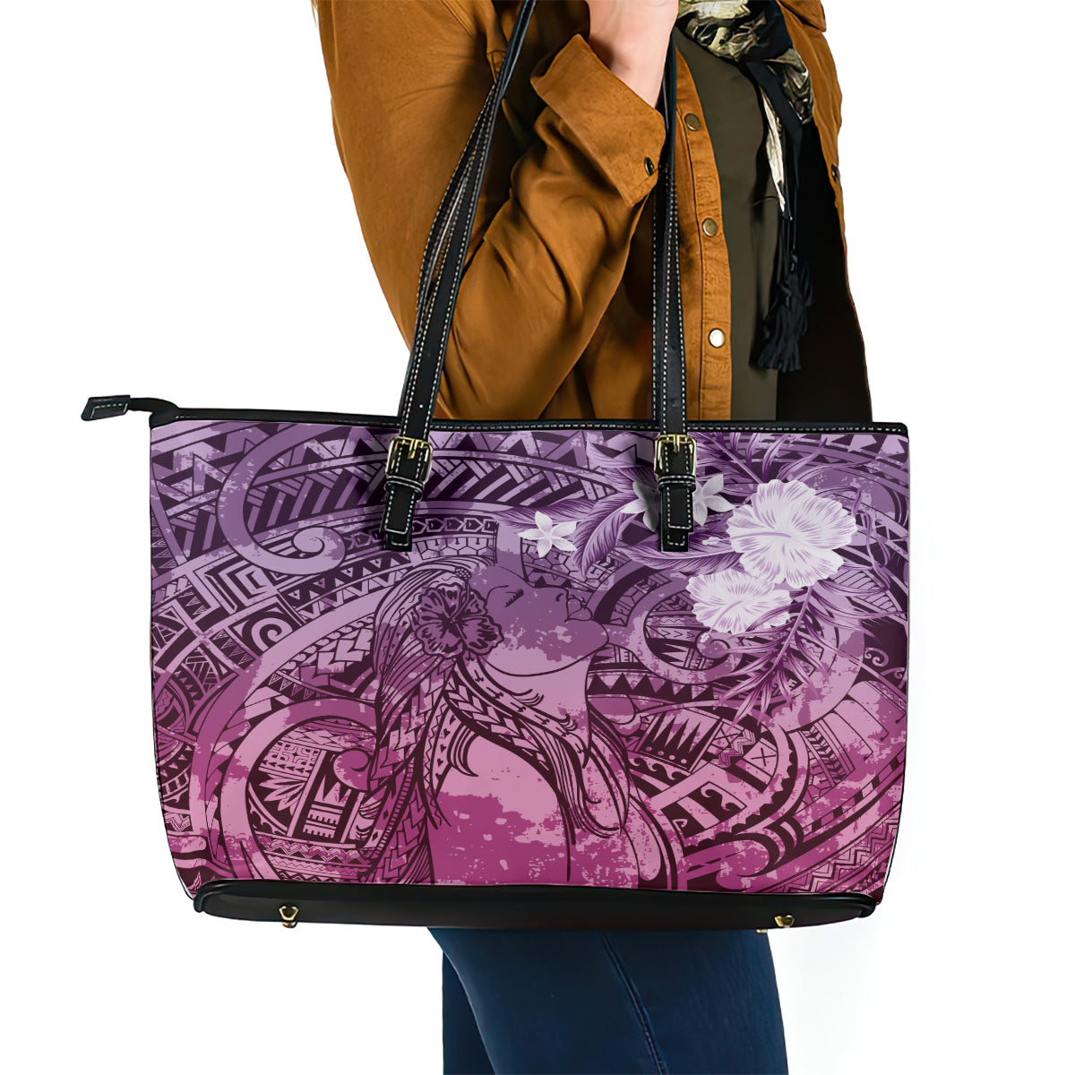 Pacific Beauty Girl Leather Tote Bag Pink Polyneisan Tribal Vintage Motif LT9 - Polynesian Pride