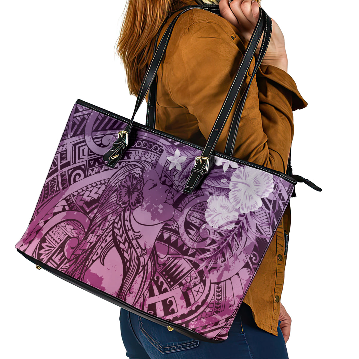 Pacific Beauty Girl Leather Tote Bag Pink Polyneisan Tribal Vintage Motif LT9 - Polynesian Pride