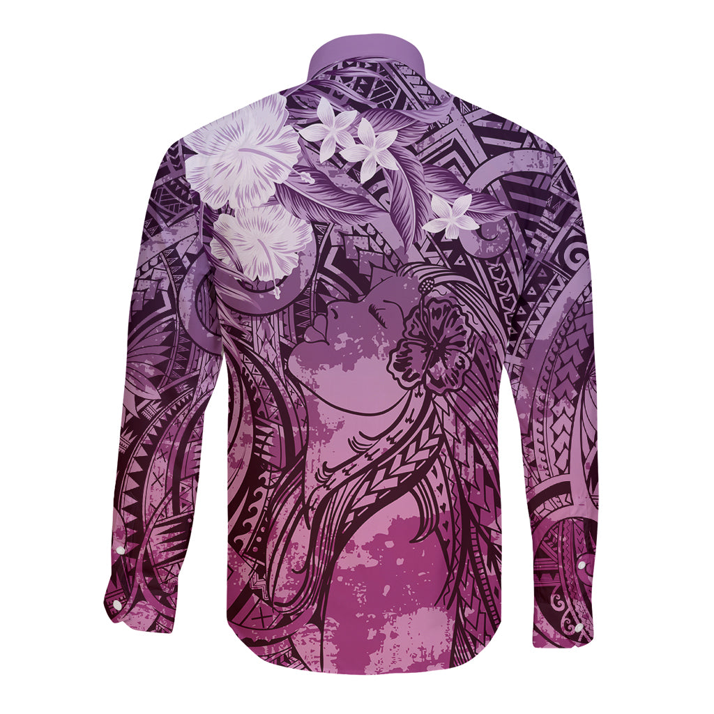 Pacific Beauty Girl Long Sleeve Button Shirt Pink Polyneisan Tribal Vintage Motif