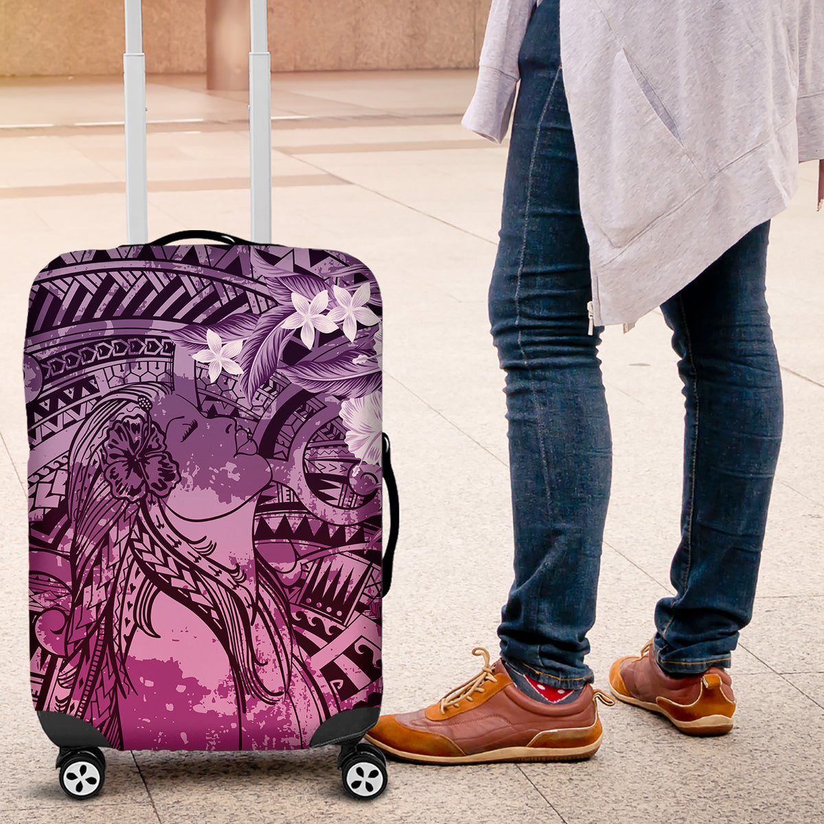 Pacific Beauty Girl Luggage Cover Pink Polyneisan Tribal Vintage Motif