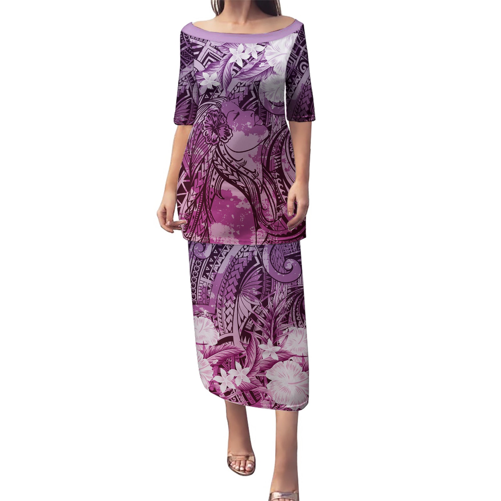 Pacific Beauty Girl Puletasi Pink Polyneisan Tribal Vintage Motif LT9 Long Dress Pink - Polynesian Pride
