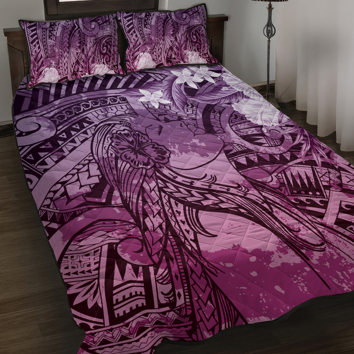 Pacific Beauty Girl Quilt Bed Set Pink Polyneisan Tribal Vintage Motif LT9 Pink - Polynesian Pride