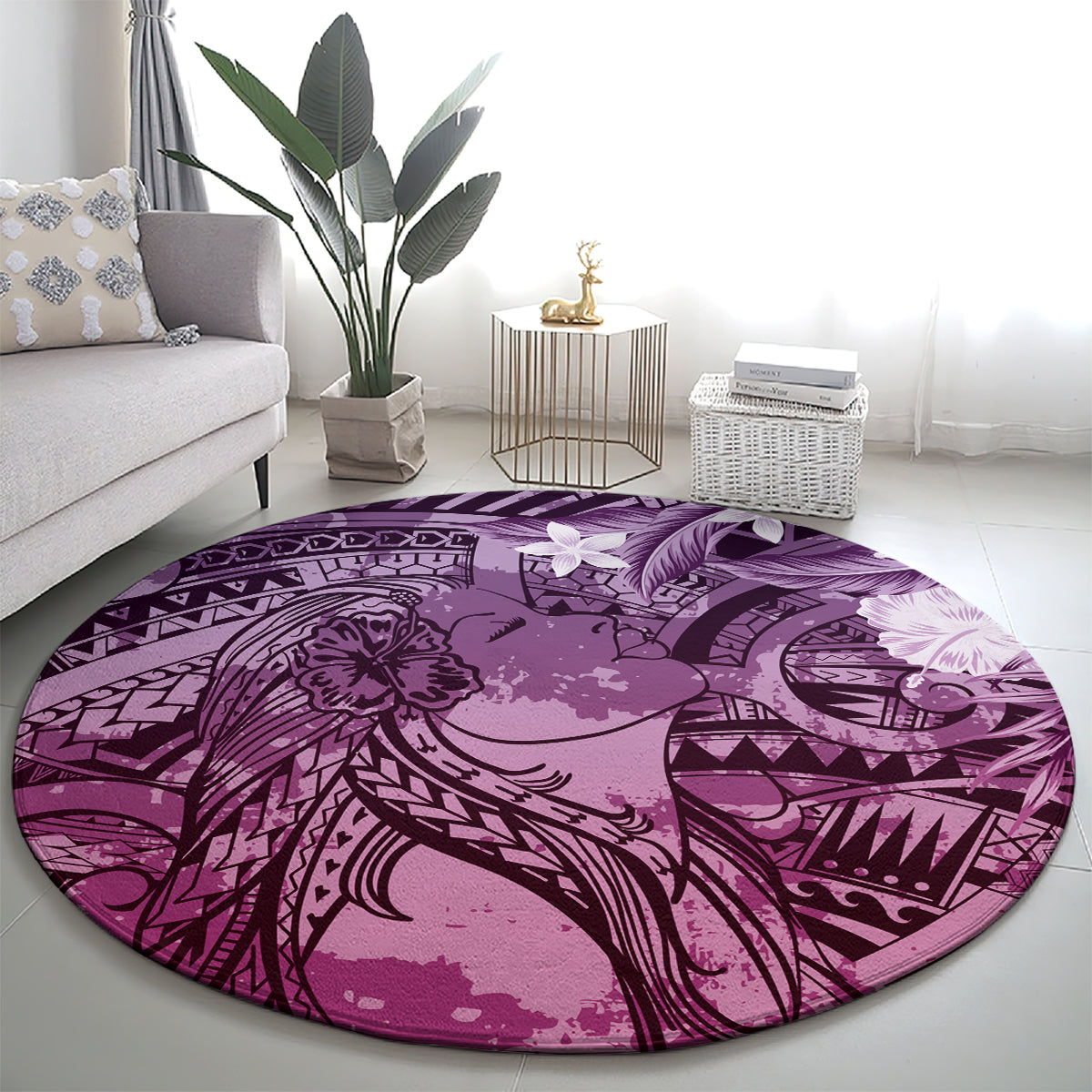 Pacific Beauty Girl Round Carpet Pink Polyneisan Tribal Vintage Motif