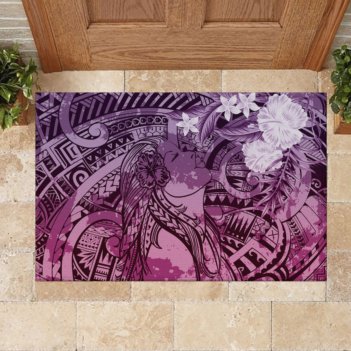 Pacific Beauty Girl Rubber Doormat Pink Polyneisan Tribal Vintage Motif LT9 - Polynesian Pride