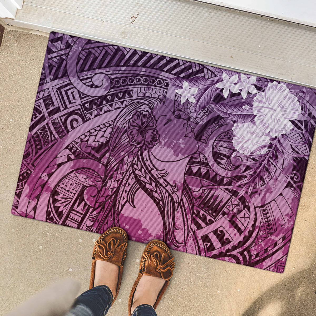 Pacific Beauty Girl Rubber Doormat Pink Polyneisan Tribal Vintage Motif LT9 - Polynesian Pride