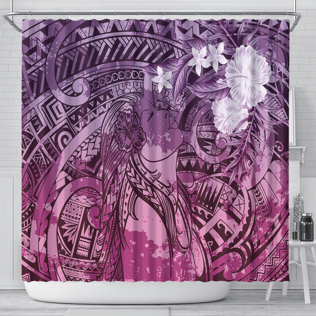 Pacific Beauty Girl Shower Curtain Pink Polyneisan Tribal Vintage Motif