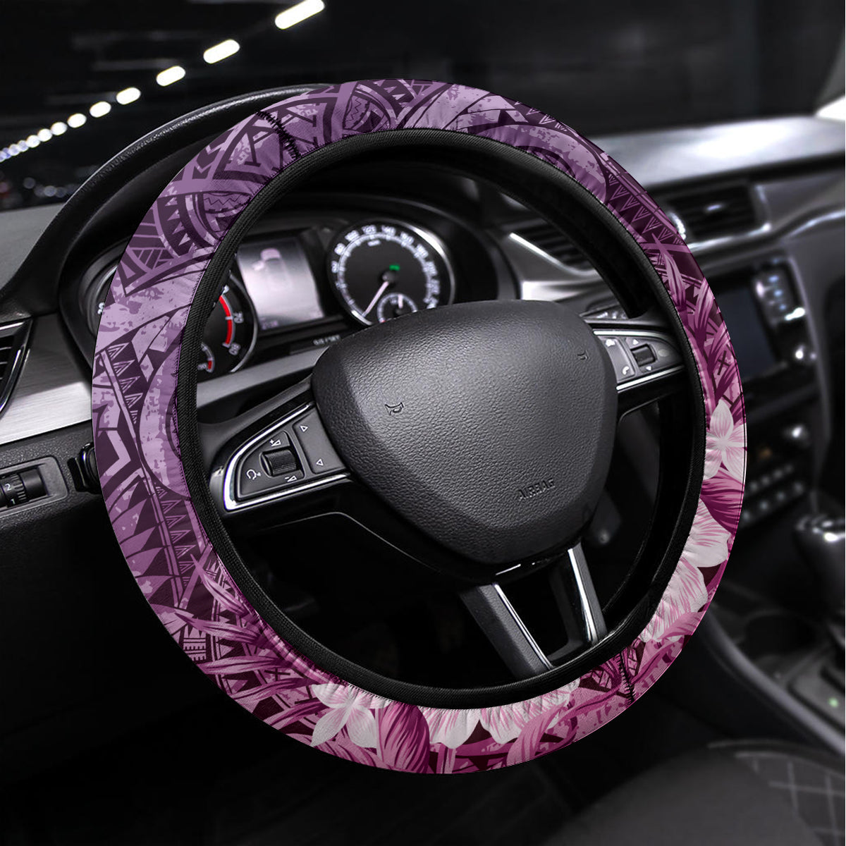 Pacific Beauty Girl Steering Wheel Cover Pink Polyneisan Tribal Vintage Motif LT9 Universal Fit Pink - Polynesian Pride
