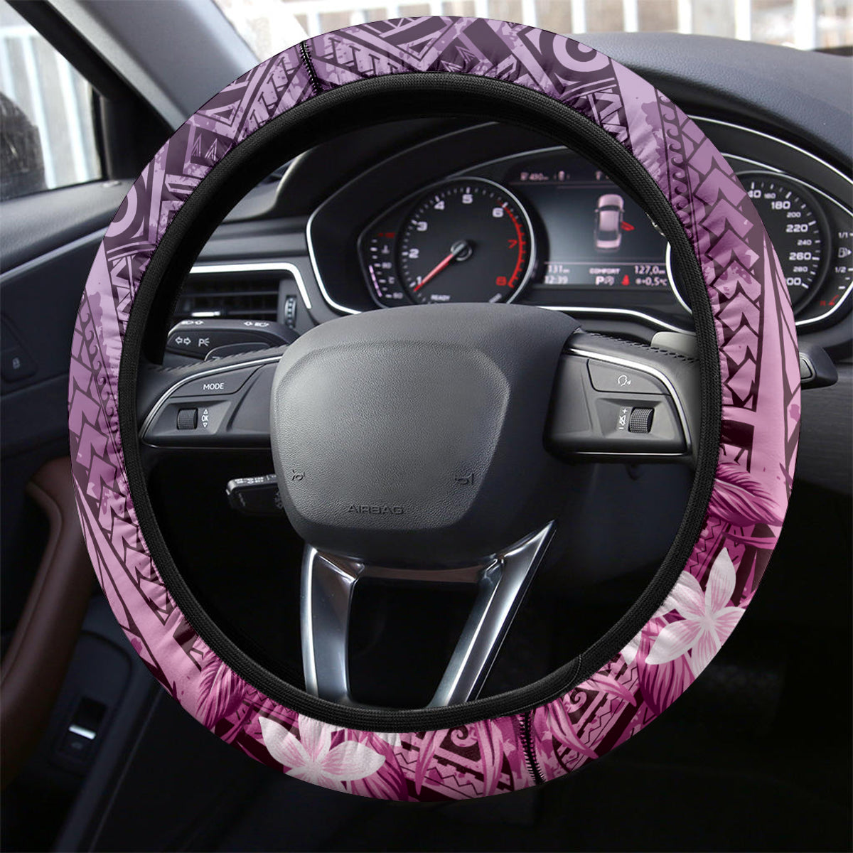 Pacific Beauty Girl Steering Wheel Cover Pink Polyneisan Tribal Vintage Motif LT9 - Polynesian Pride