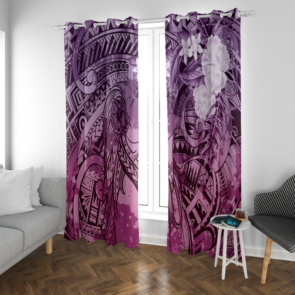 Pacific Beauty Girl Window Curtain Pink Polyneisan Tribal Vintage Motif LT9 With Grommets Pink - Polynesian Pride