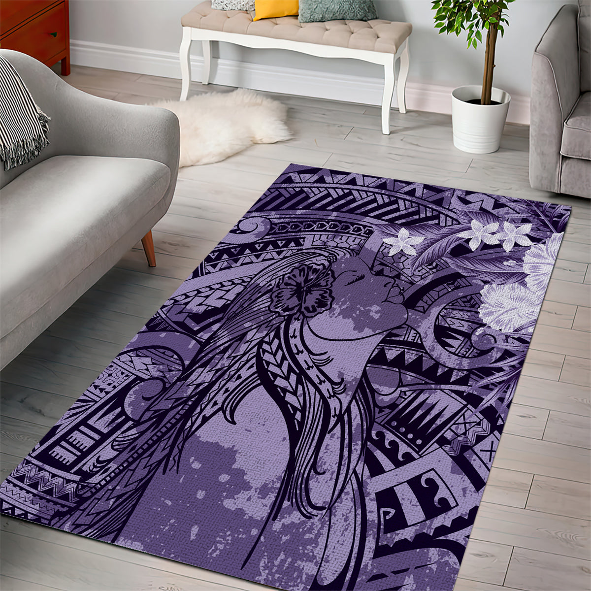 Pacific Beauty Girl Area Rug Violet Polyneisan Tribal Vintage Motif