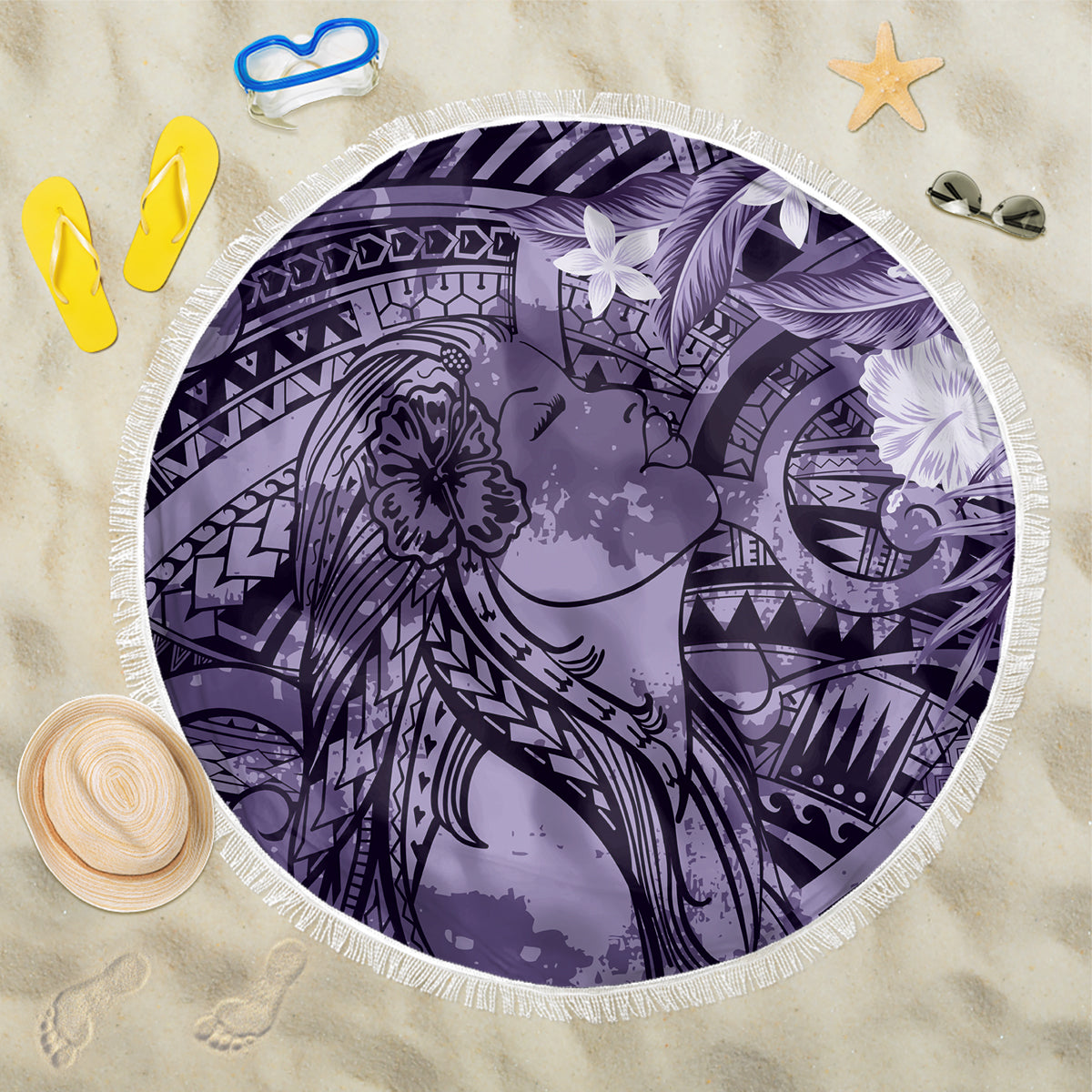 Pacific Beauty Girl Beach Blanket Violet Polyneisan Tribal Vintage Motif LT9 One Size 150cm Violet - Polynesian Pride