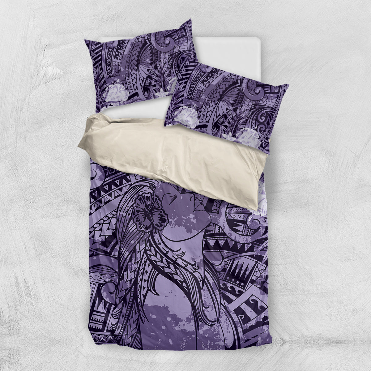Pacific Beauty Girl Bedding Set Violet Polyneisan Tribal Vintage Motif LT9 US Twin 172cm x 218cm Violet - Polynesian Pride