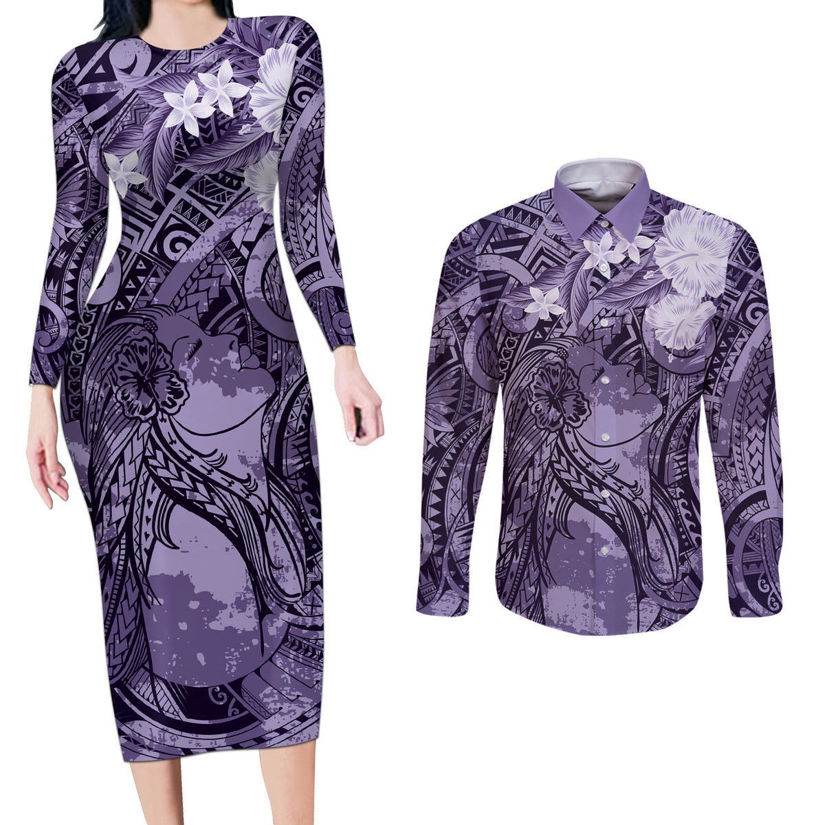 Pacific Beauty Girl Couples Matching Long Sleeve Bodycon Dress and Long Sleeve Button Shirt Violet Polyneisan Tribal Vintage Motif