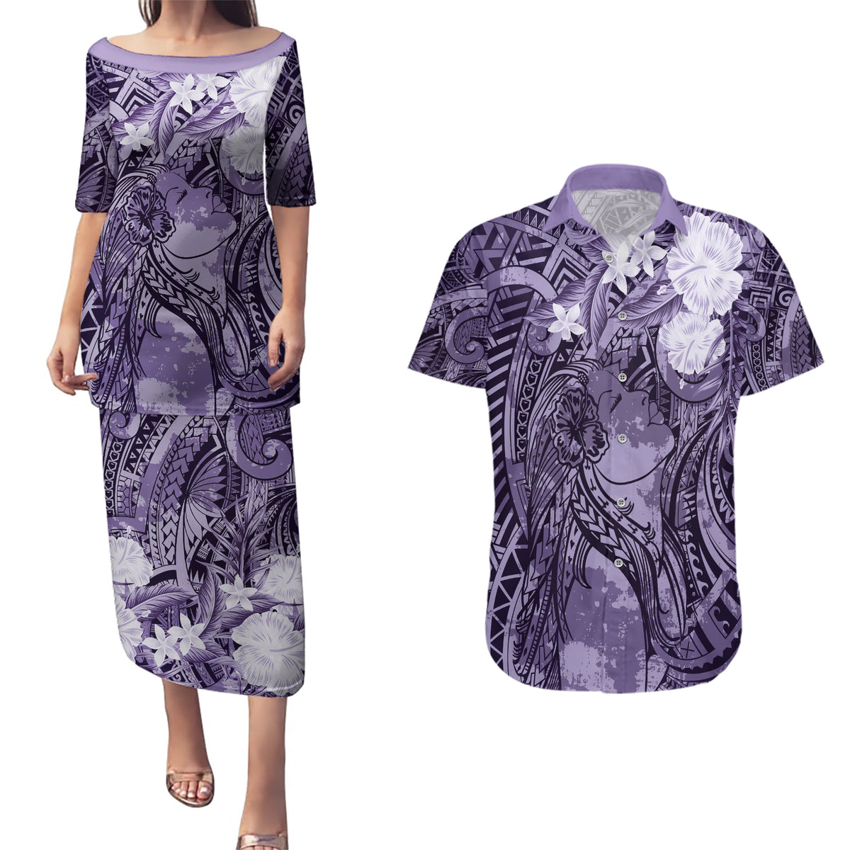 Pacific Beauty Girl Couples Matching Puletasi and Hawaiian Shirt Violet Polyneisan Tribal Vintage Motif
