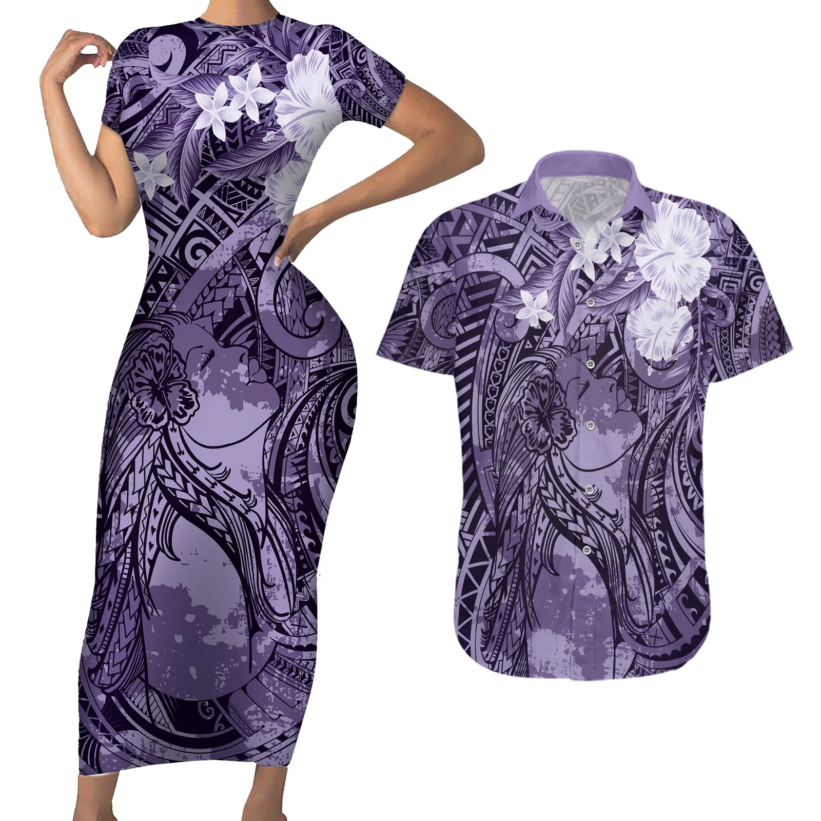 Pacific Beauty Girl Couples Matching Short Sleeve Bodycon Dress and Hawaiian Shirt Violet Polyneisan Tribal Vintage Motif LT9 Violet - Polynesian Pride