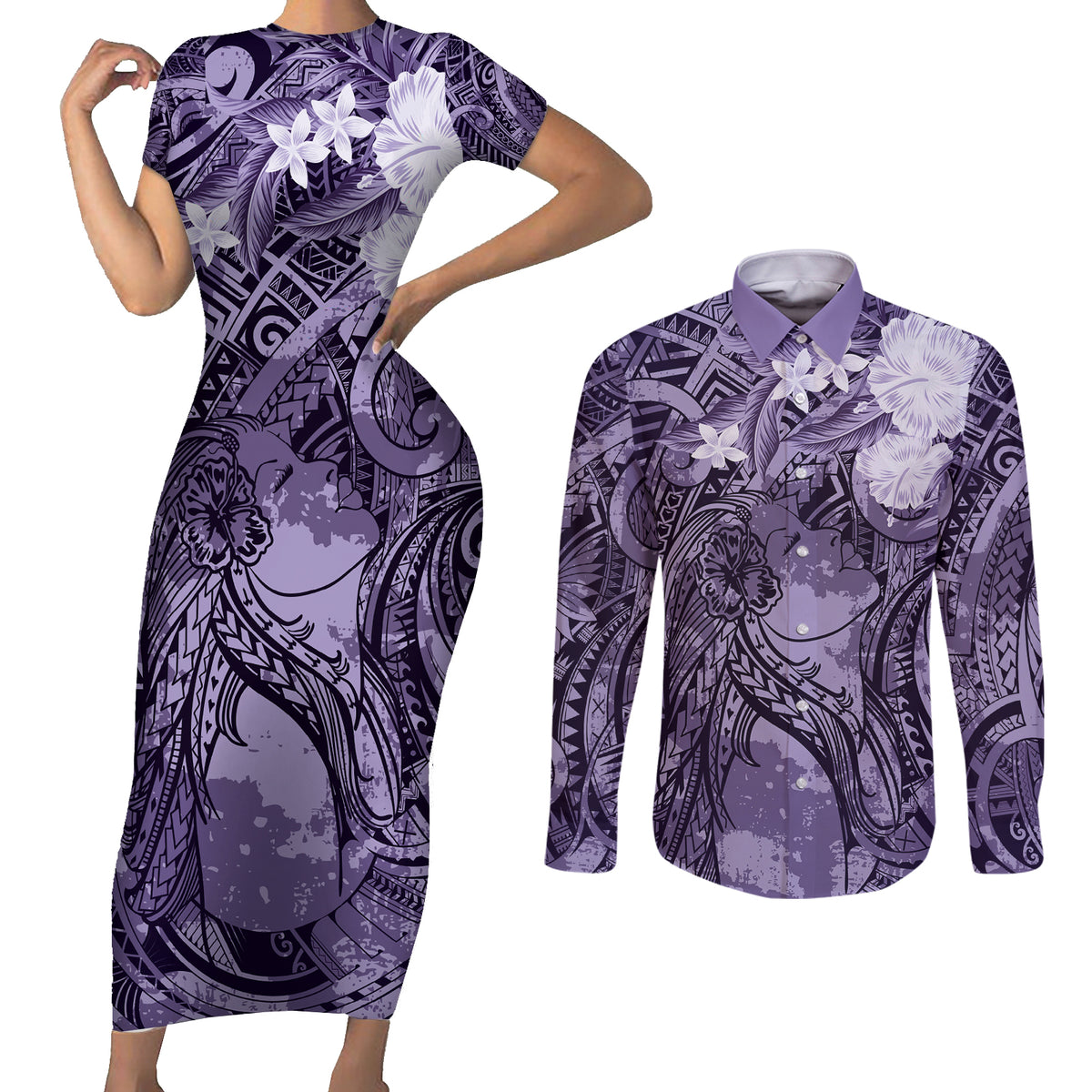 Pacific Beauty Girl Couples Matching Short Sleeve Bodycon Dress and Long Sleeve Button Shirt Violet Polyneisan Tribal Vintage Motif