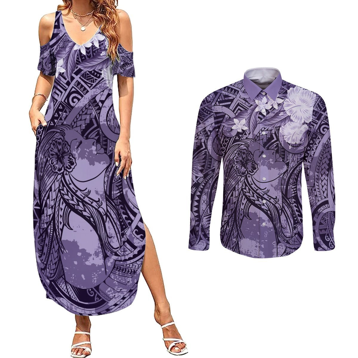 Pacific Beauty Girl Couples Matching Summer Maxi Dress and Long Sleeve Button Shirt Violet Polyneisan Tribal Vintage Motif LT9 Violet - Polynesian Pride