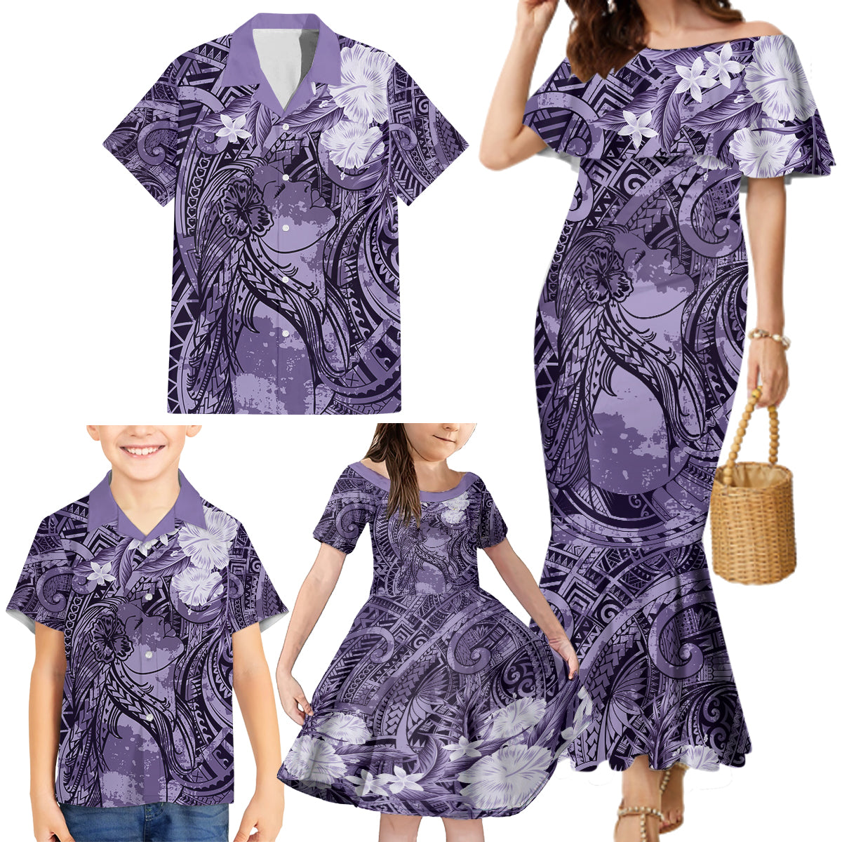 Pacific Beauty Girl Family Matching Mermaid Dress and Hawaiian Shirt Violet Polyneisan Tribal Vintage Motif