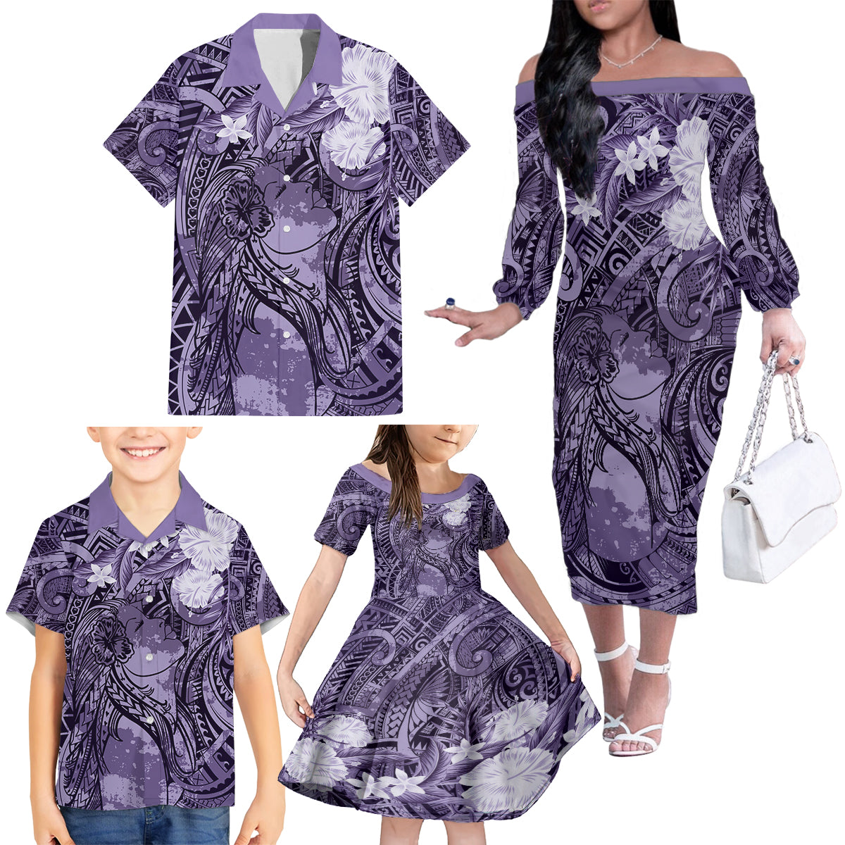 Pacific Beauty Girl Family Matching Off The Shoulder Long Sleeve Dress and Hawaiian Shirt Violet Polyneisan Tribal Vintage Motif LT9 - Polynesian Pride