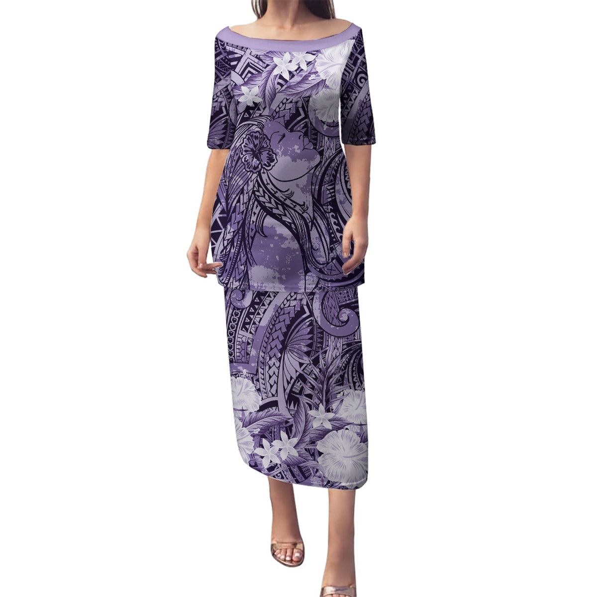 Pacific Beauty Girl Family Matching Puletasi and Hawaiian Shirt Violet Polyneisan Tribal Vintage Motif
