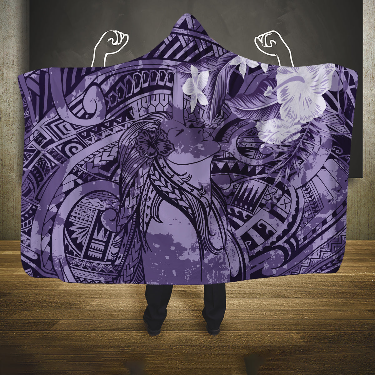 Pacific Beauty Girl Hooded Blanket Violet Polyneisan Tribal Vintage Motif LT9 One Size Violet - Polynesian Pride