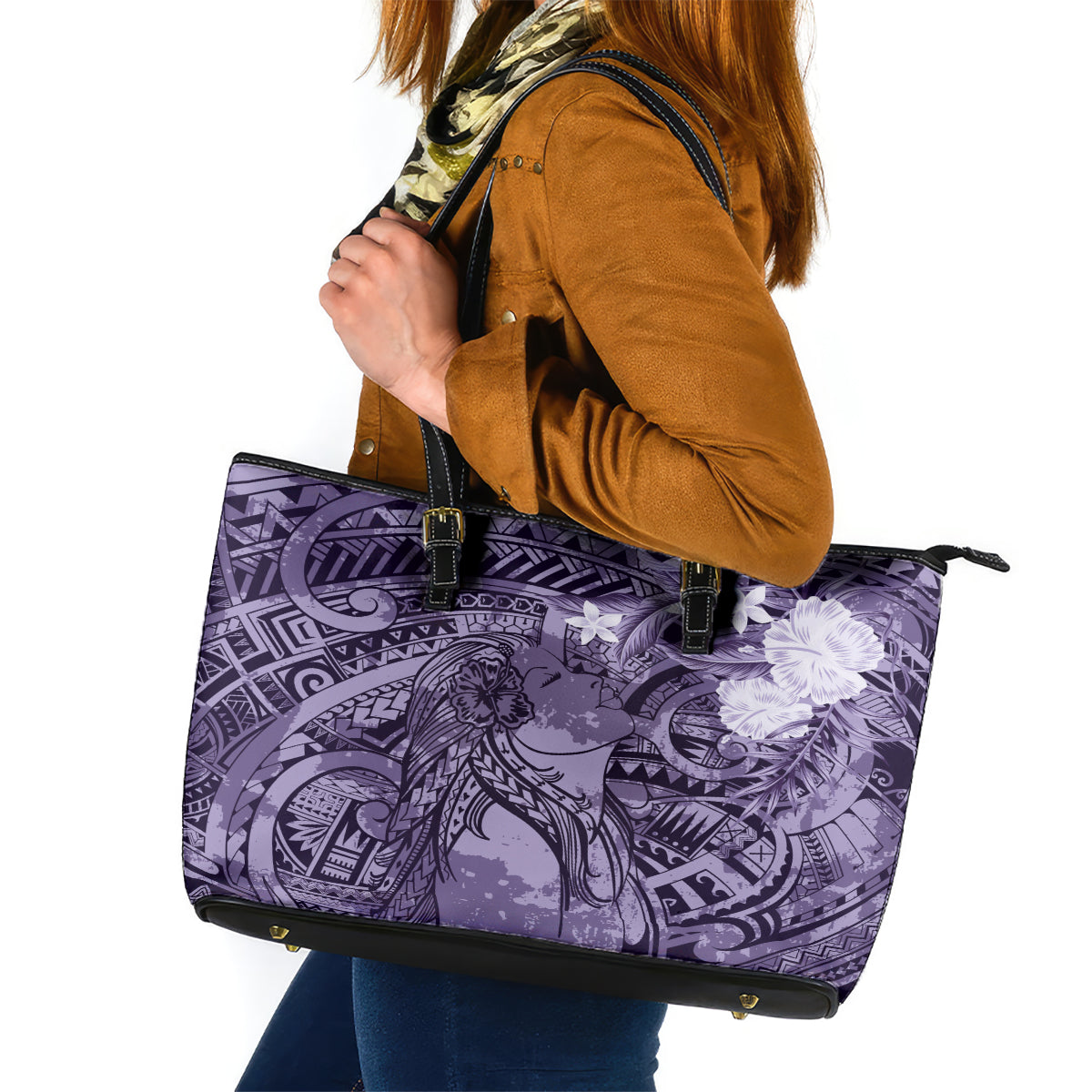 Pacific Beauty Girl Leather Tote Bag Violet Polyneisan Tribal Vintage Motif LT9 Violet - Polynesian Pride