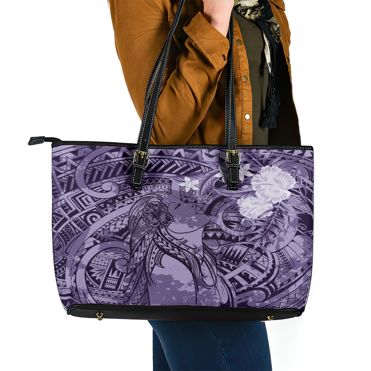 Pacific Beauty Girl Leather Tote Bag Violet Polyneisan Tribal Vintage Motif LT9 - Polynesian Pride