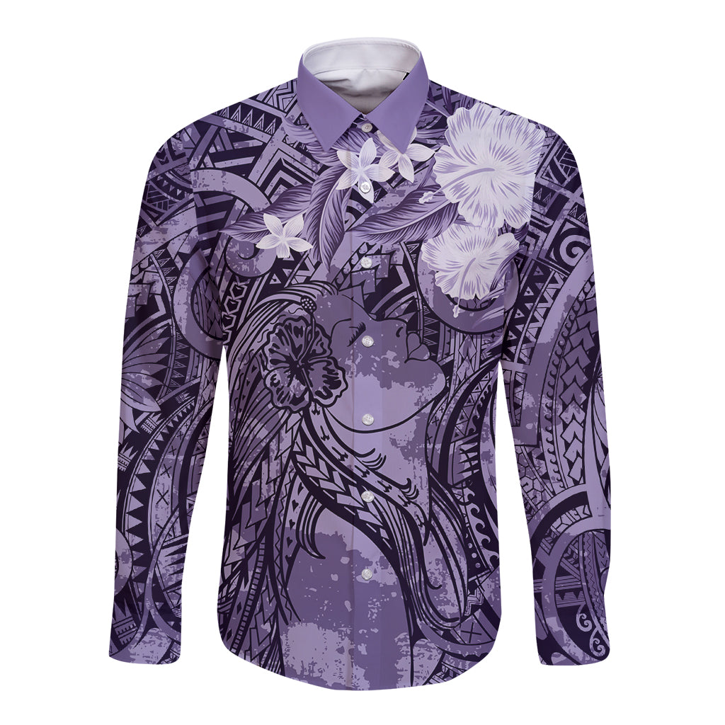 Pacific Beauty Girl Long Sleeve Button Shirt Violet Polyneisan Tribal Vintage Motif