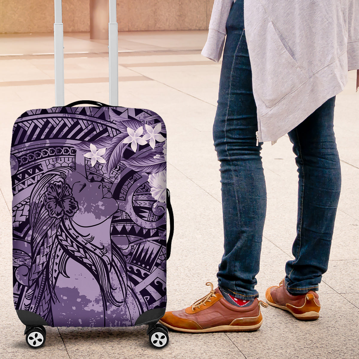 Pacific Beauty Girl Luggage Cover Violet Polyneisan Tribal Vintage Motif