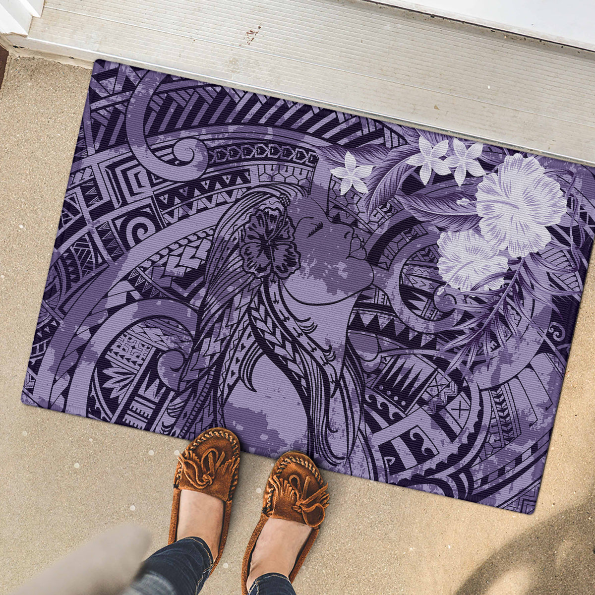 Pacific Beauty Girl Rubber Doormat Violet Polyneisan Tribal Vintage Motif LT9 - Polynesian Pride