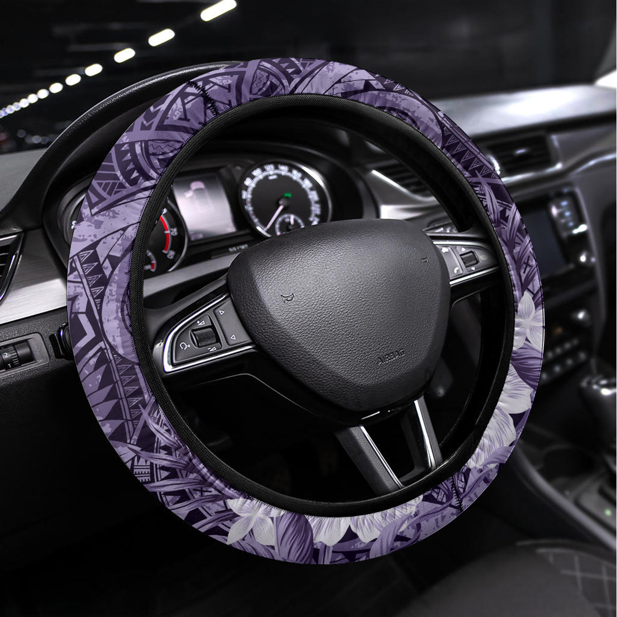 Pacific Beauty Girl Steering Wheel Cover Violet Polyneisan Tribal Vintage Motif LT9 Universal Fit Violet - Polynesian Pride