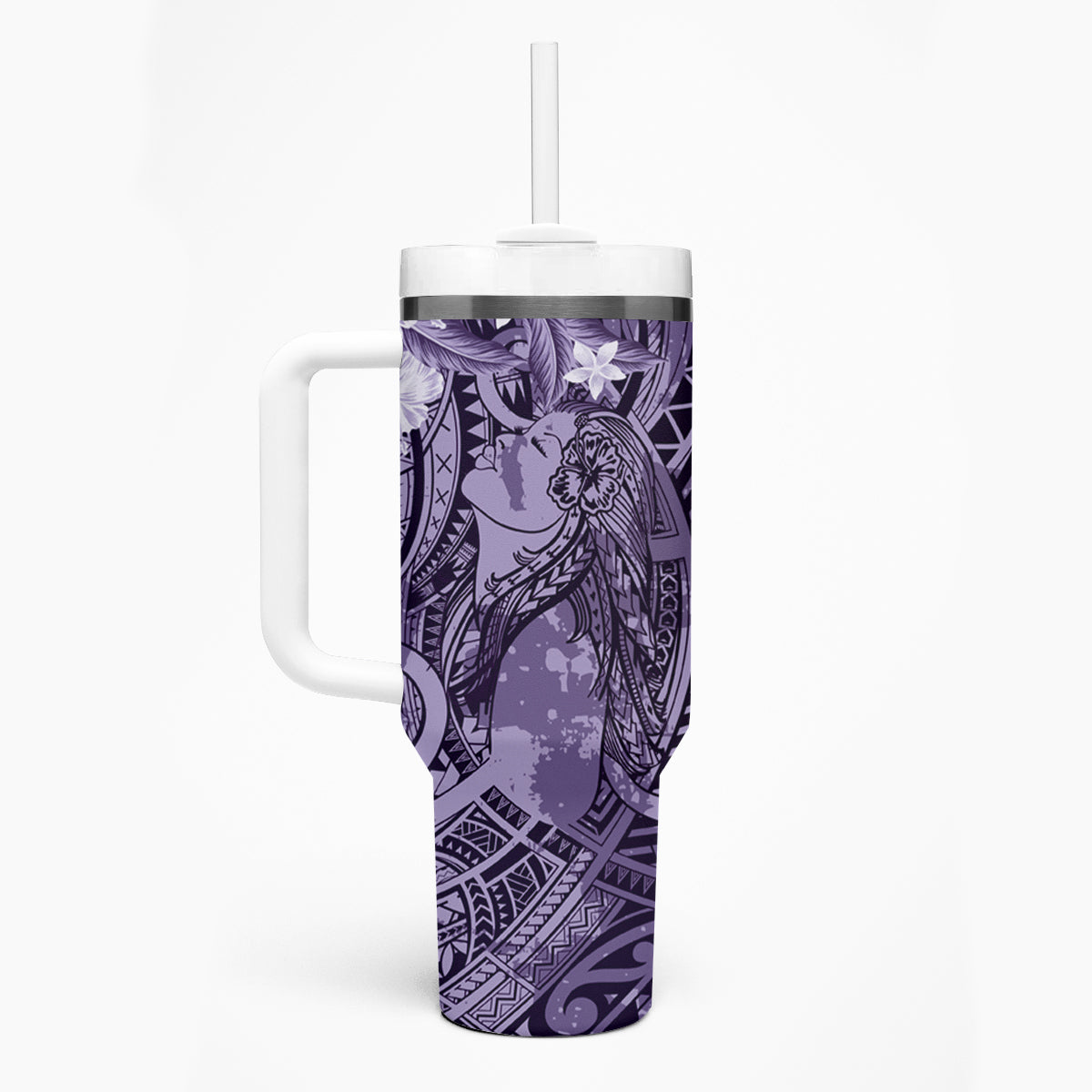 Pacific Beauty Girl Tumbler With Handle Violet Polyneisan Tribal Vintage Motif