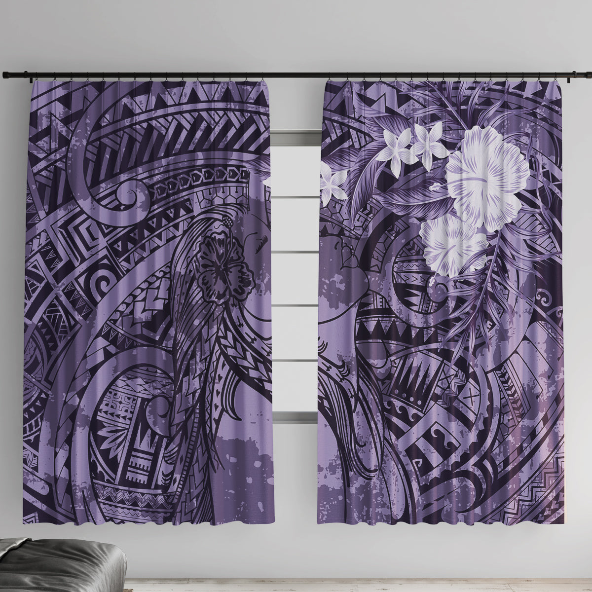 Pacific Beauty Girl Window Curtain Violet Polyneisan Tribal Vintage Motif