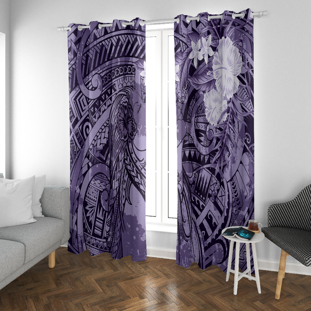 Pacific Beauty Girl Window Curtain Violet Polyneisan Tribal Vintage Motif LT9 With Grommets Violet - Polynesian Pride