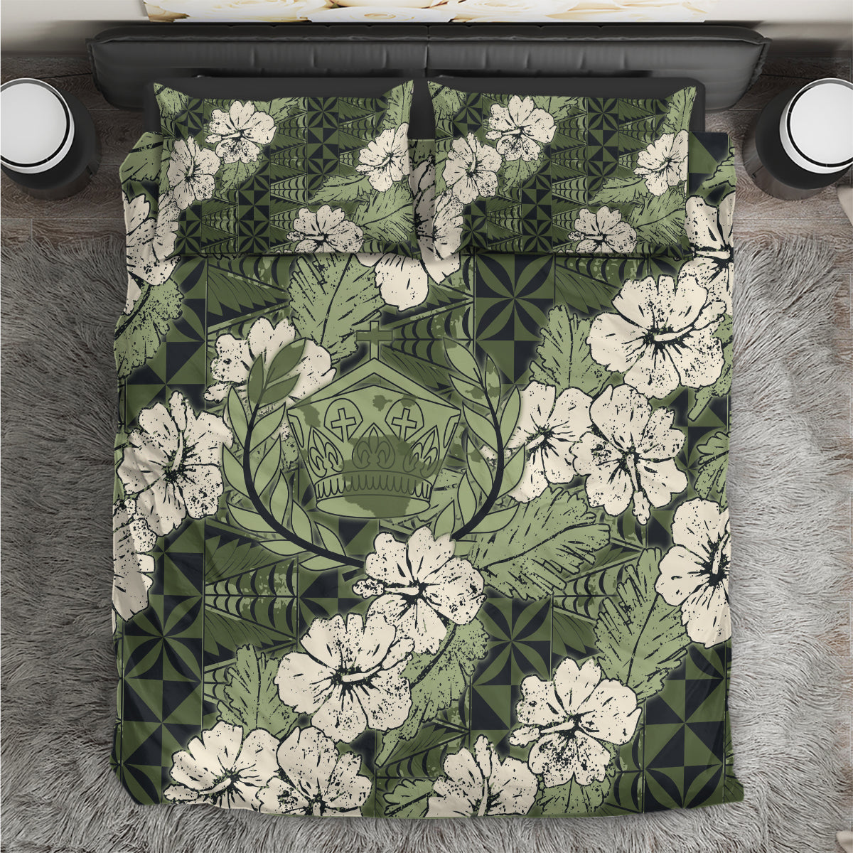 Tongan Kupesi Ngatu Hibiscus Vintage Motif Bedding Set LT9 Green - Polynesian Pride