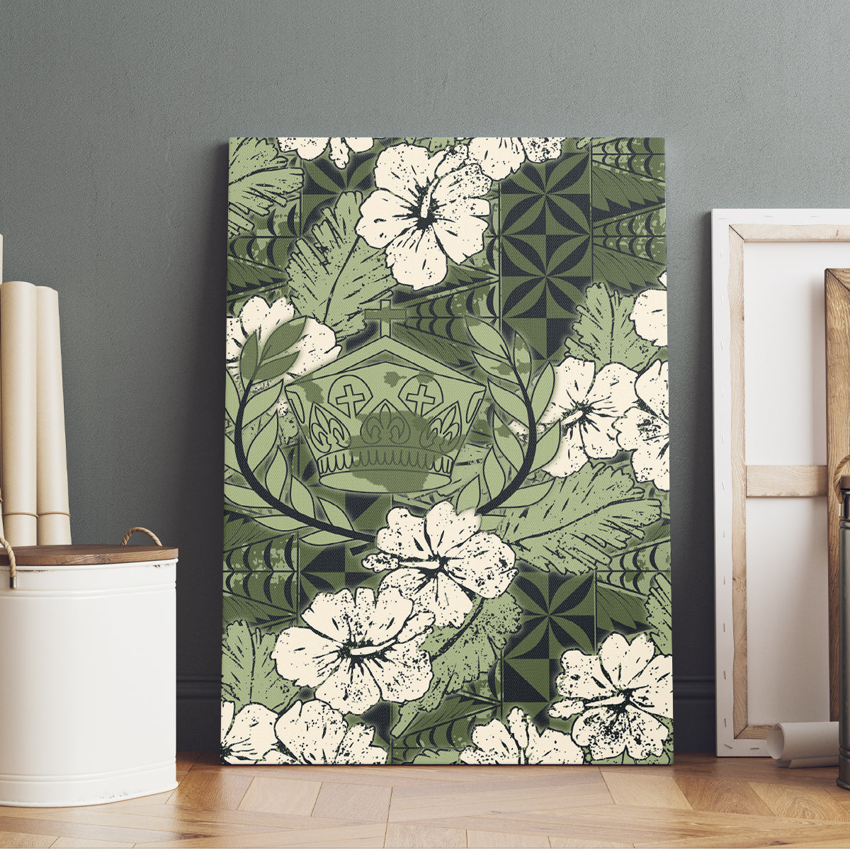 Tongan Kupesi Ngatu Hibiscus Vintage Motif Canvas Wall Art LT9 - Polynesian Pride