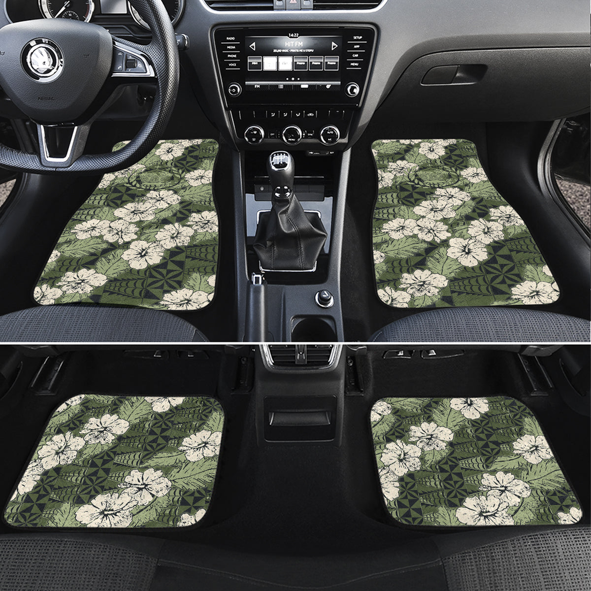 Tongan Kupesi Ngatu Hibiscus Vintage Motif Car Mats LT9 Set 4pcs Green - Polynesian Pride