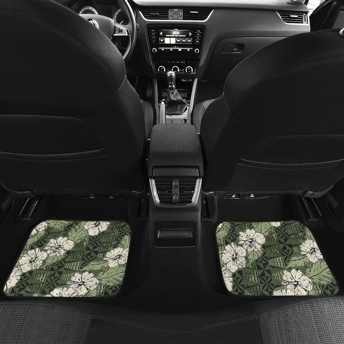 Tongan Kupesi Ngatu Hibiscus Vintage Motif Car Mats LT9 Set 2pcs - Back Green - Polynesian Pride