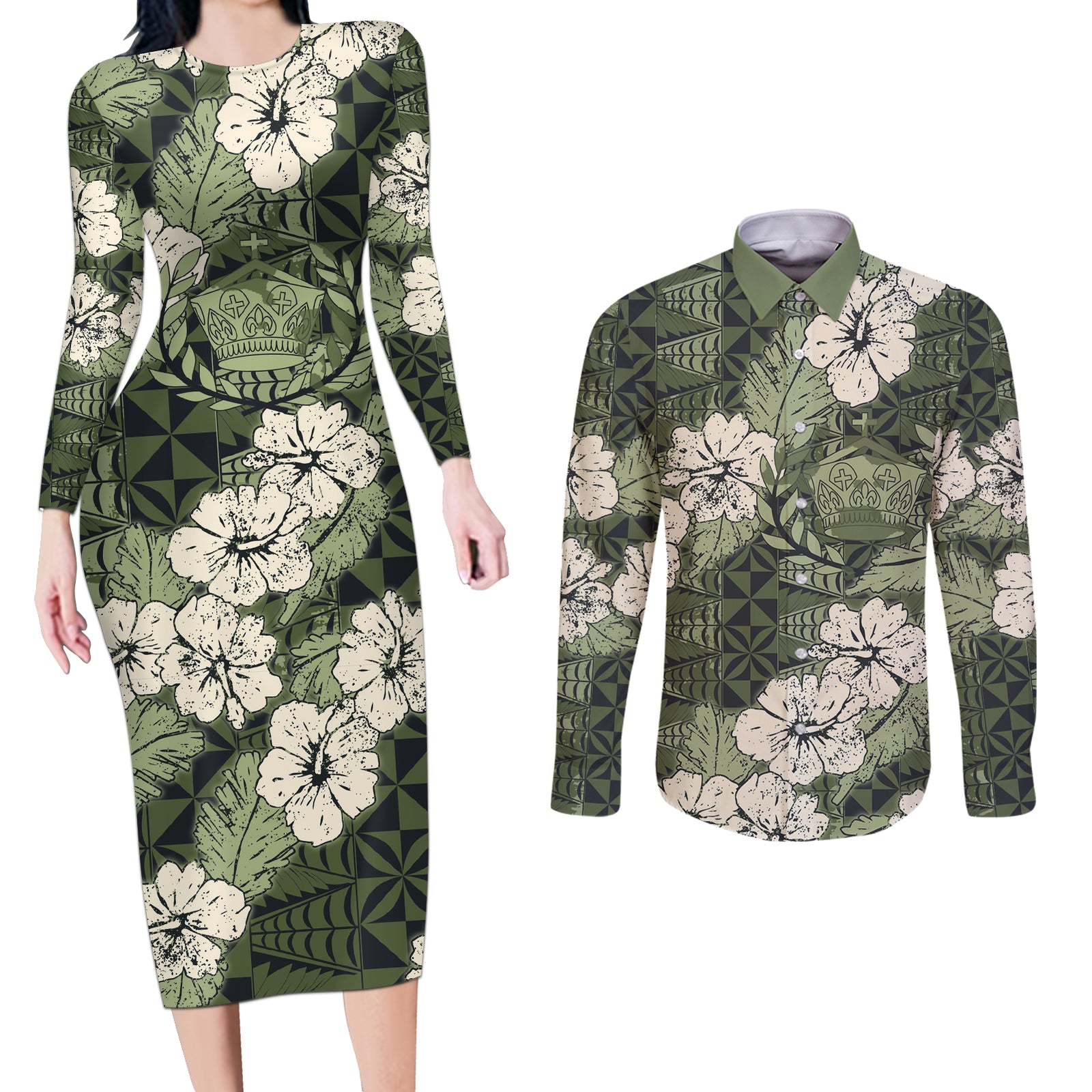 Tongan Kupesi Ngatu Hibiscus Vintage Motif Couples Matching Long Sleeve Bodycon Dress and Long Sleeve Button Shirt LT9 Green - Polynesian Pride