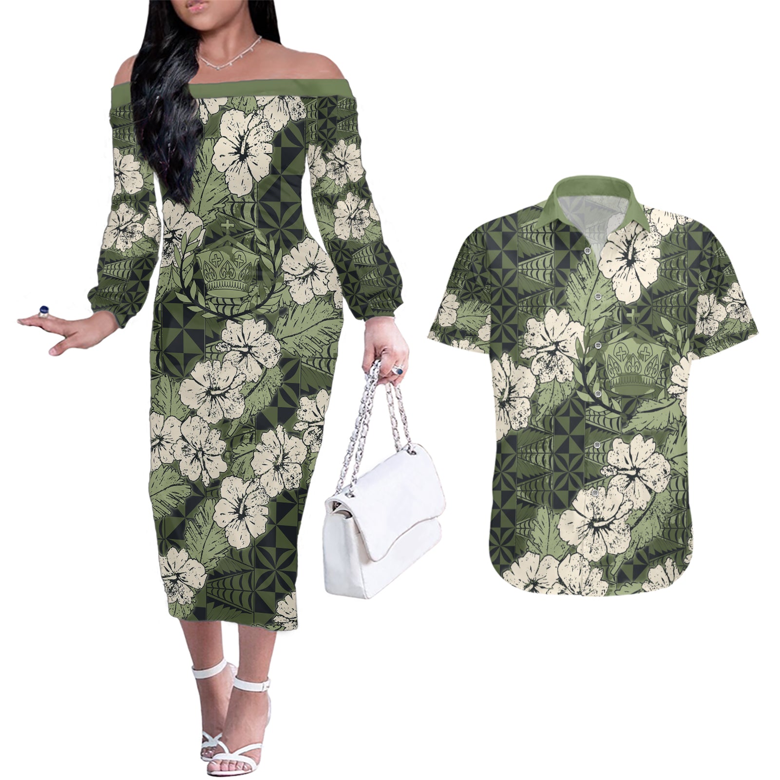 Tongan Kupesi Ngatu Hibiscus Vintage Motif Couples Matching Off The Shoulder Long Sleeve Dress and Hawaiian Shirt