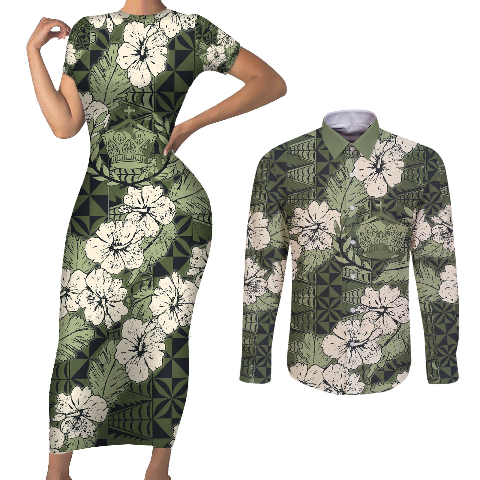 Tongan Kupesi Ngatu Hibiscus Vintage Motif Couples Matching Short Sleeve Bodycon Dress and Long Sleeve Button Shirt LT9 Green - Polynesian Pride