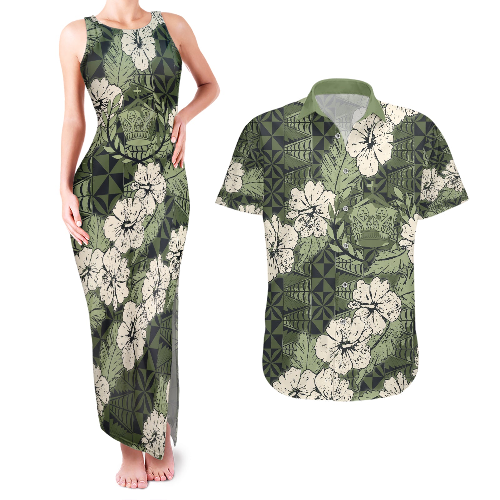 Tongan Kupesi Ngatu Hibiscus Vintage Motif Couples Matching Tank Maxi Dress and Hawaiian Shirt