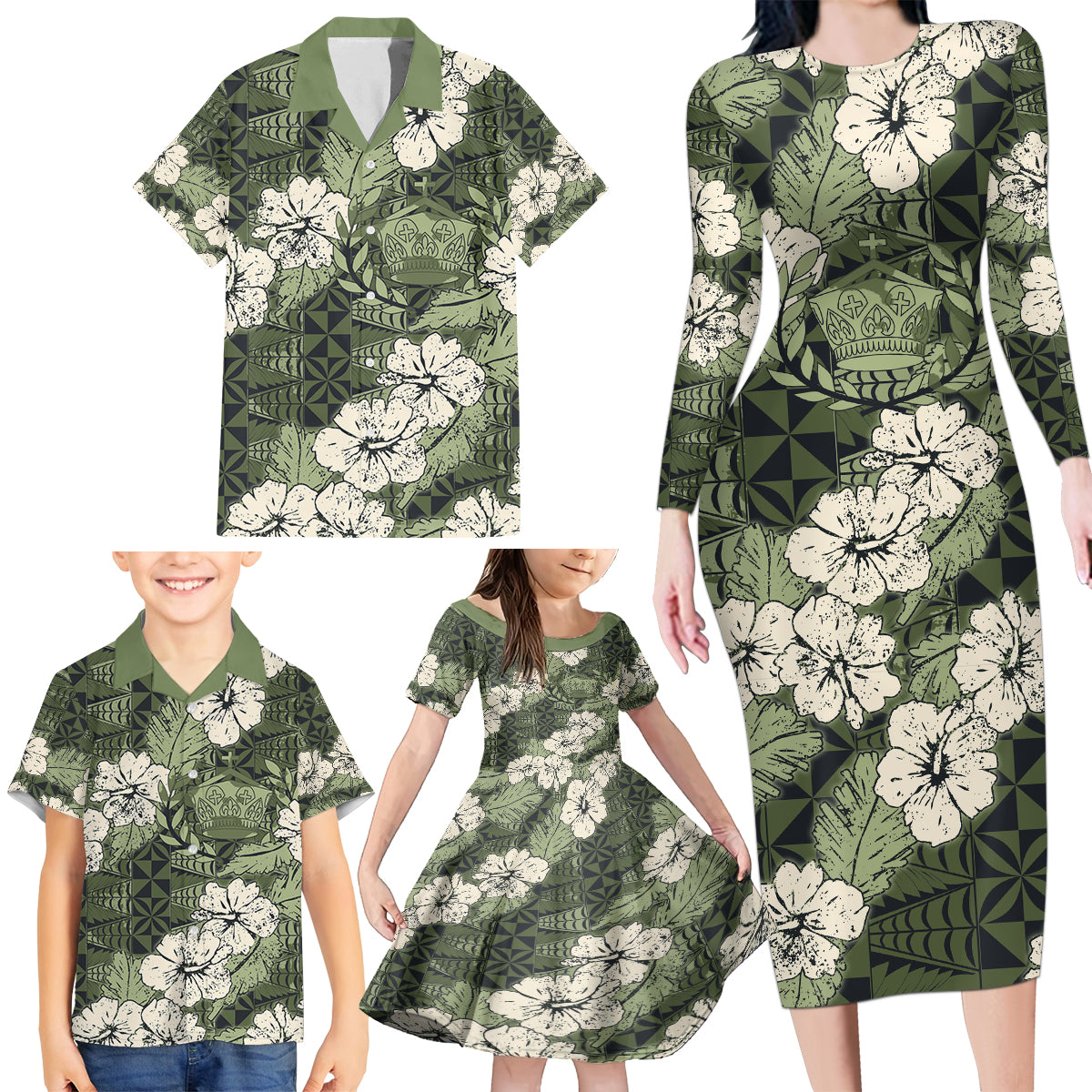 Tongan Kupesi Ngatu Hibiscus Vintage Motif Family Matching Long Sleeve Bodycon Dress and Hawaiian Shirt